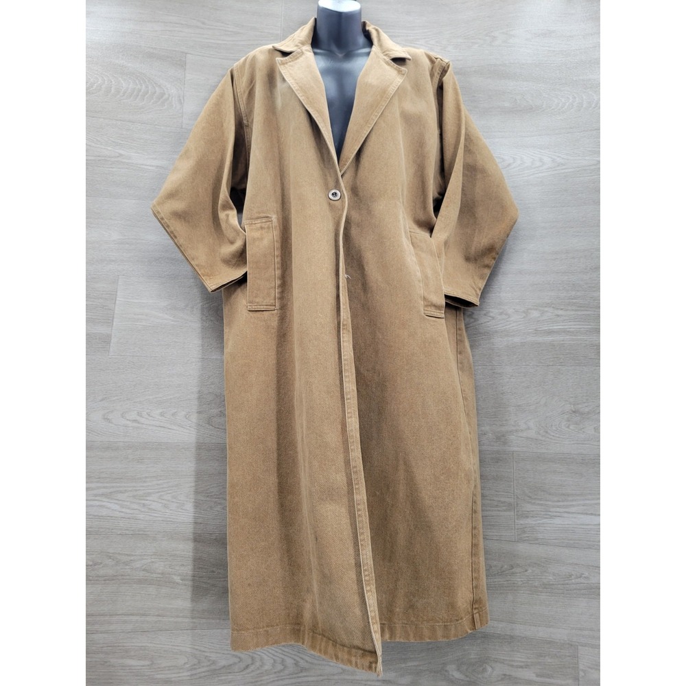 Vintage On The Verge Denim Duster Coat Women's Petite Brown Made in USA 80s 90s